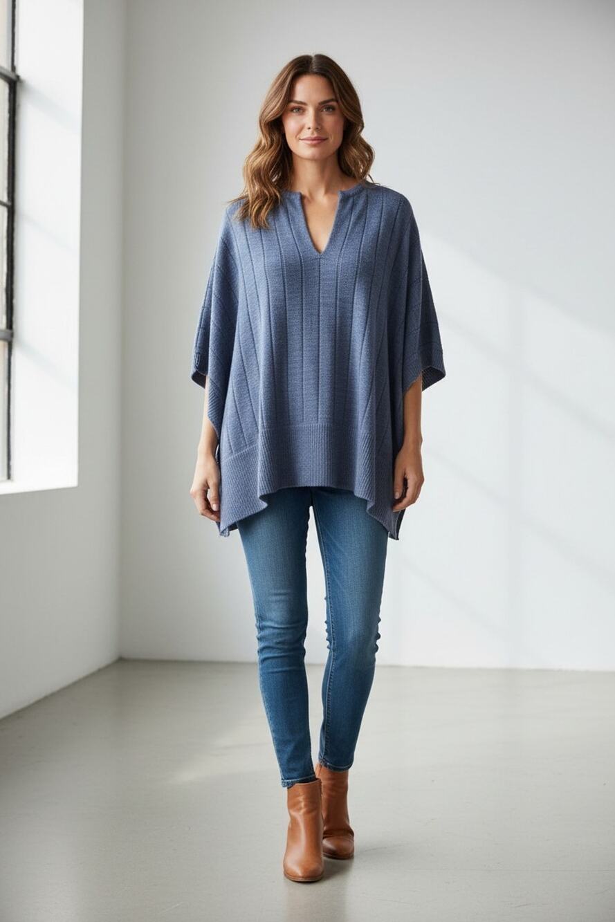 A5 NWT CHICOS Blue Lotus Cotton Blend Notch Neck Poncho Sweater Size O/S $119
